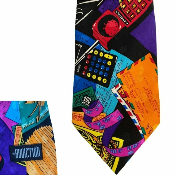 Addiction Neck Tie Vintage Wall Street Money Financial Theme Bright Colors - Picture 5 of 8